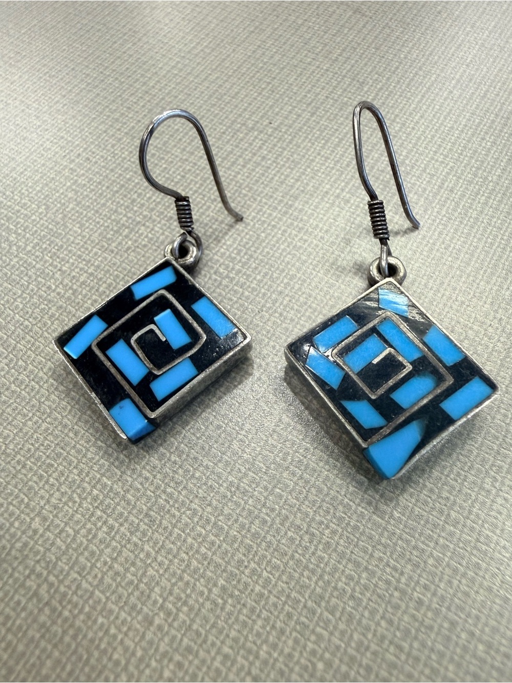 Silver Turquoise Inlay Geometric Square Drop Earrings - Unbranded